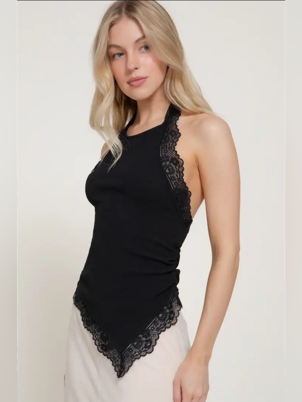 Lace-Trim Texture Knit Halter Tank Top - Black